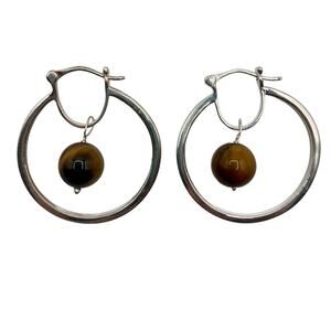 STS Tiger's Eye Latchback 1" Hoop 925 Sterling Silver Earrings with Gift Box